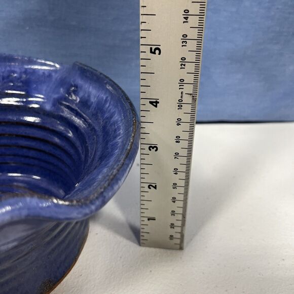 Signed Handmade Pottery Bowl Vase Cobalt Blue Clay bottom Drip Art Studio 8" - Picture 4 of 8